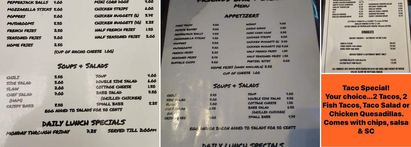 Friends Bar and Grill Menu