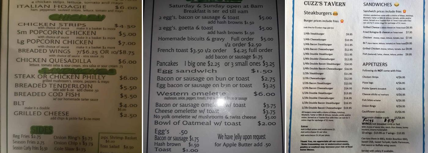 Cuzz’s Tavern Menu