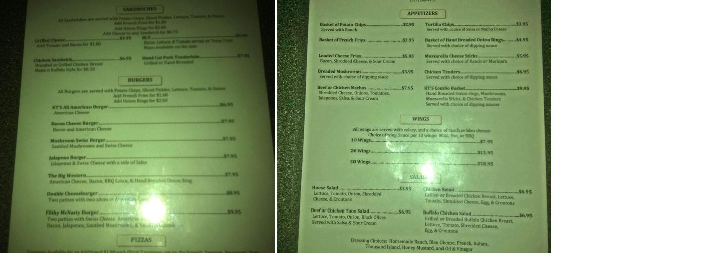 KT's Pub Menu
