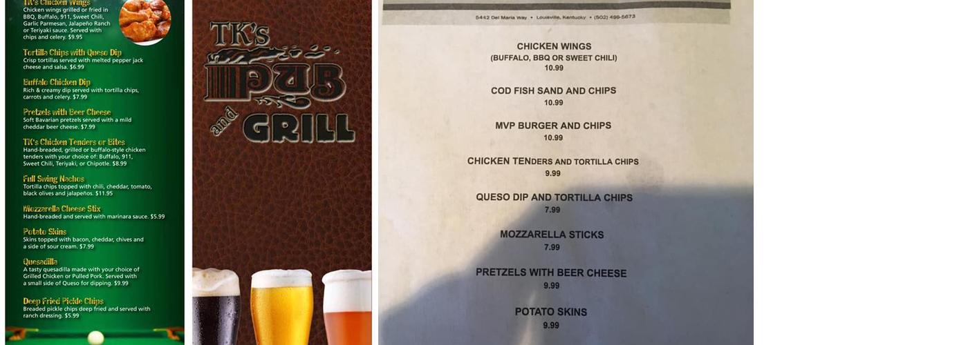 T K's Pub Menu
