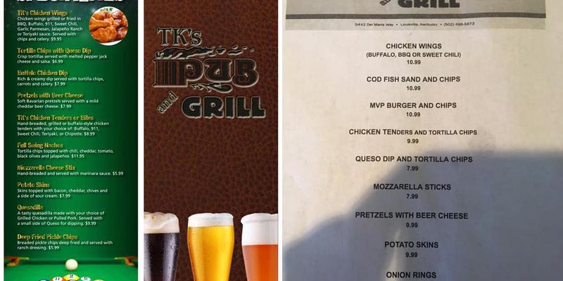 T K's Pub Menu