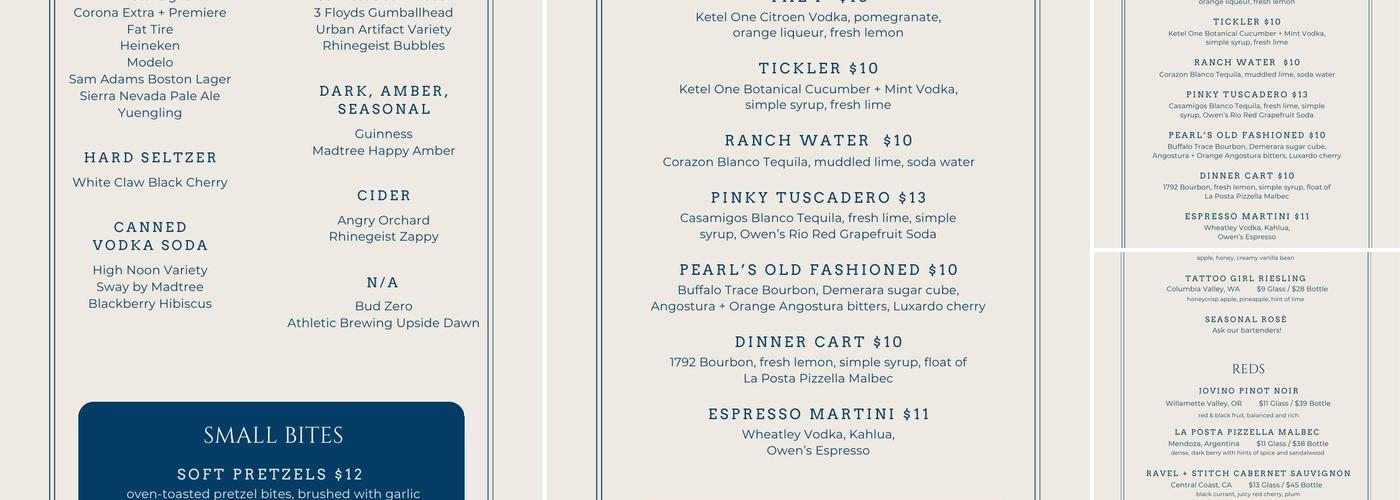 Pearl's Bar Menu