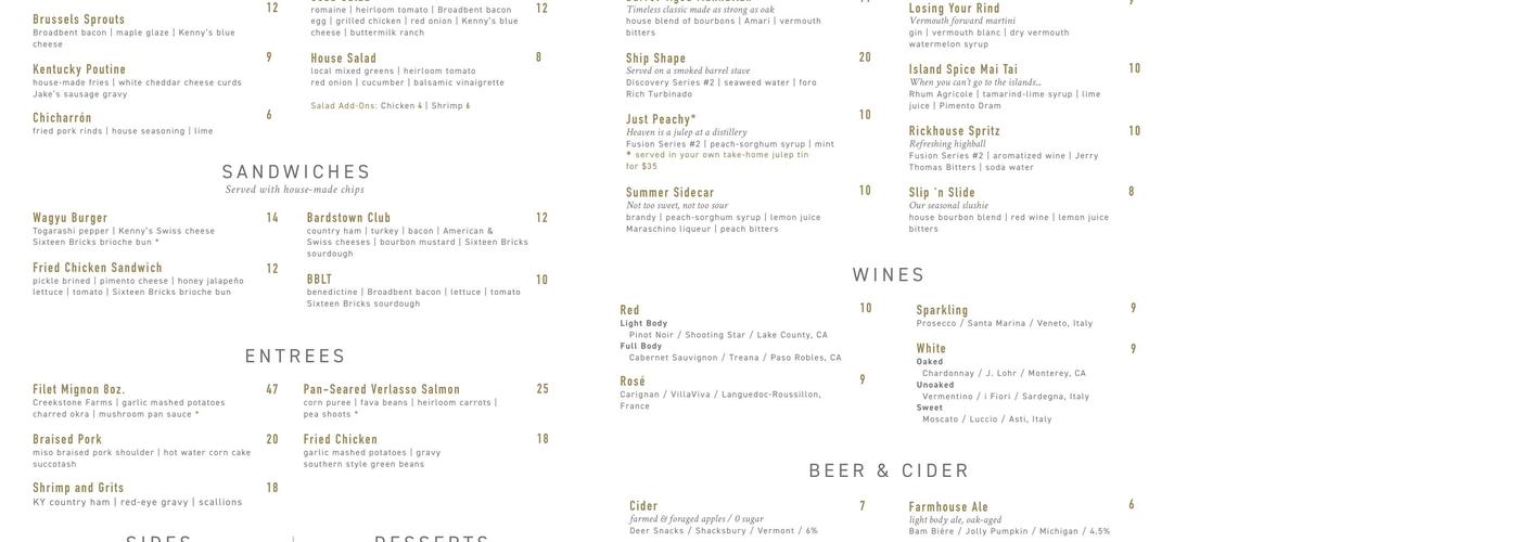 Bardstown Bourbon Company Menu