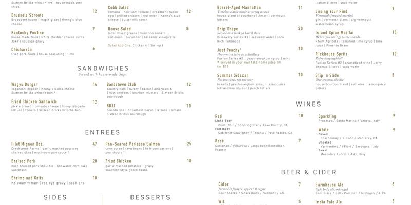 Bardstown Bourbon Company Menu
