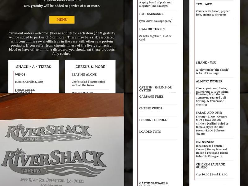 Rivershack Tavern Menu