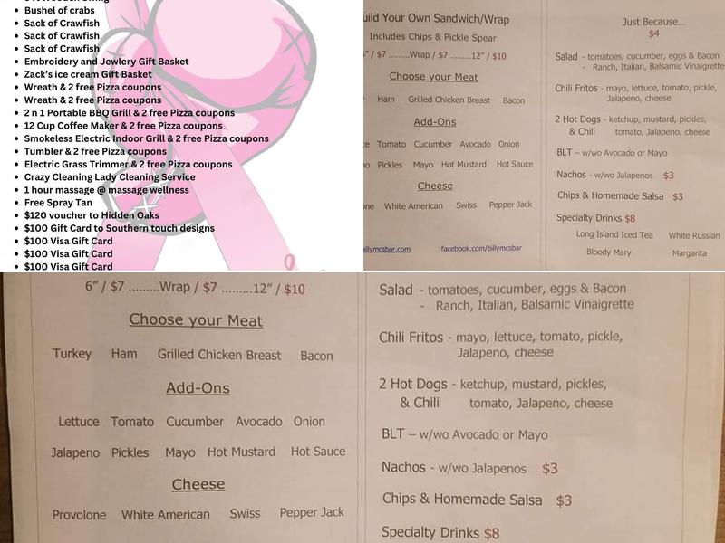 Billy Mc's Menu