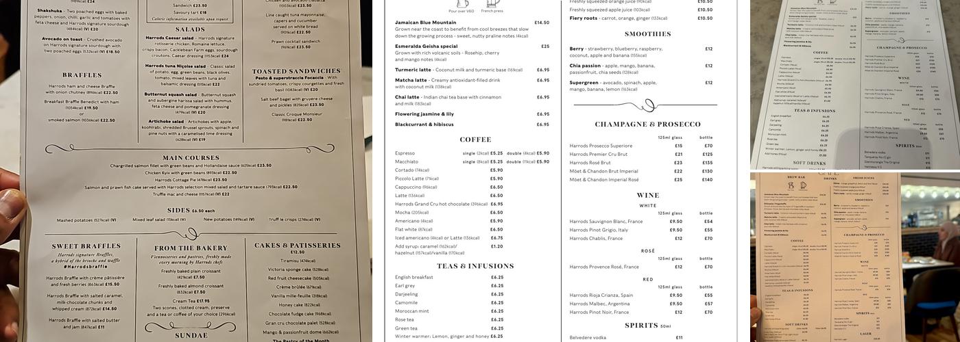 Harrods Café Menu