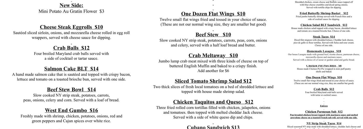 West End Grill Menu