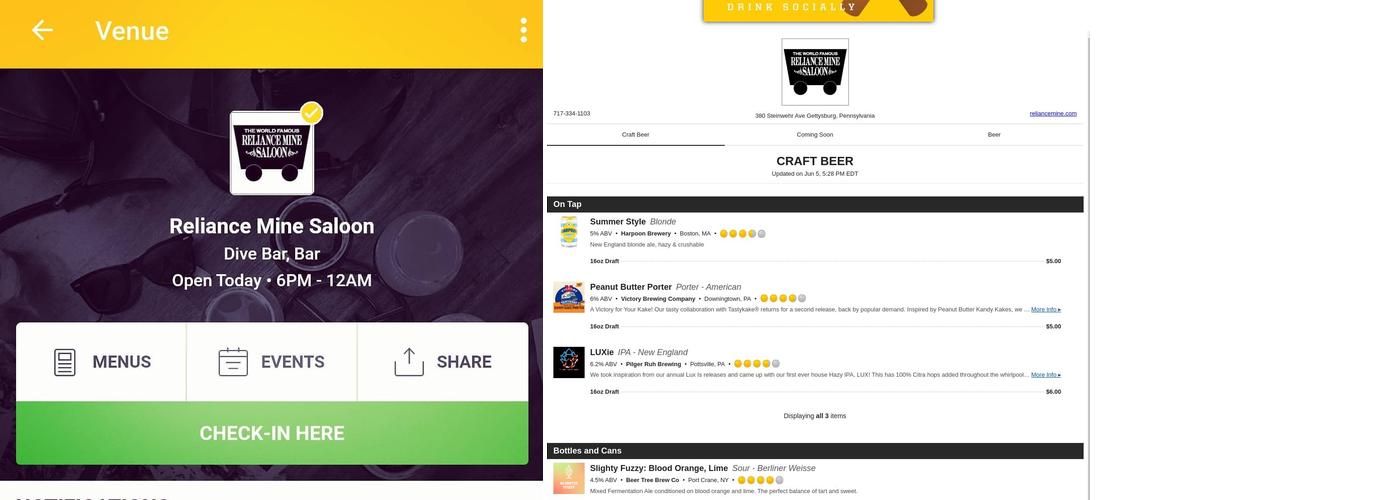 Reliance Mine Saloon Menu