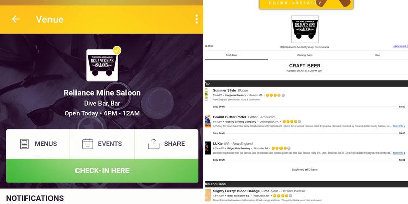 Reliance Mine Saloon Menu