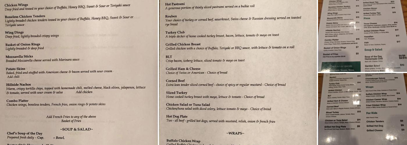 Hillside Pub Menu
