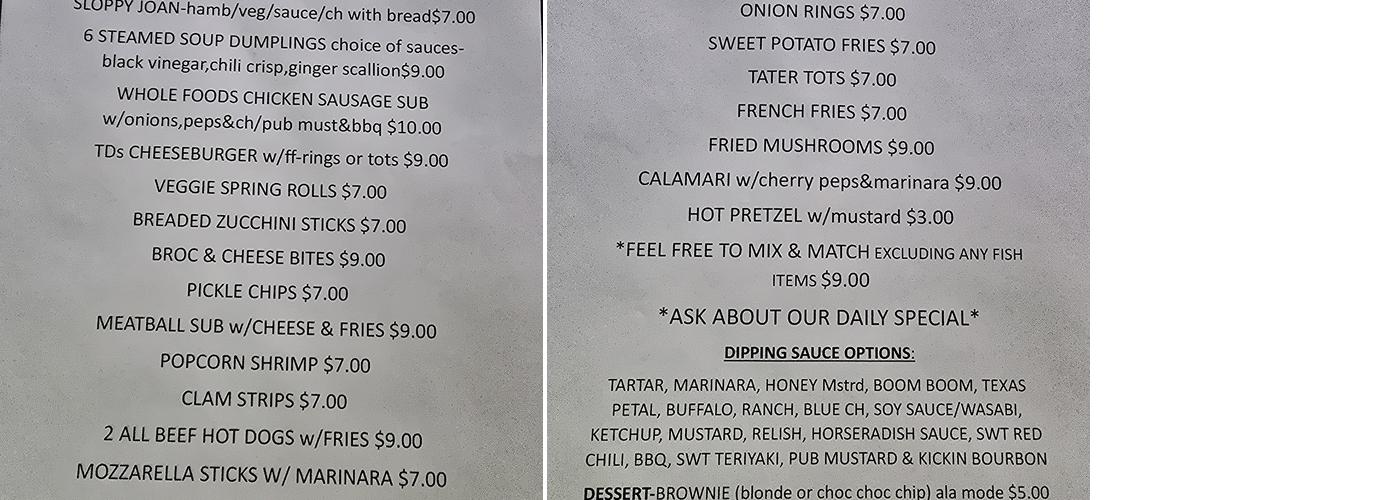 T D's Pub Menu