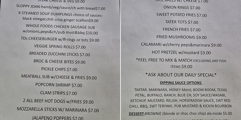 T D's Pub Menu