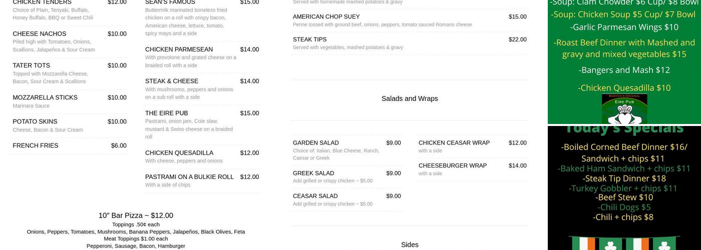 Eire Pub Menu