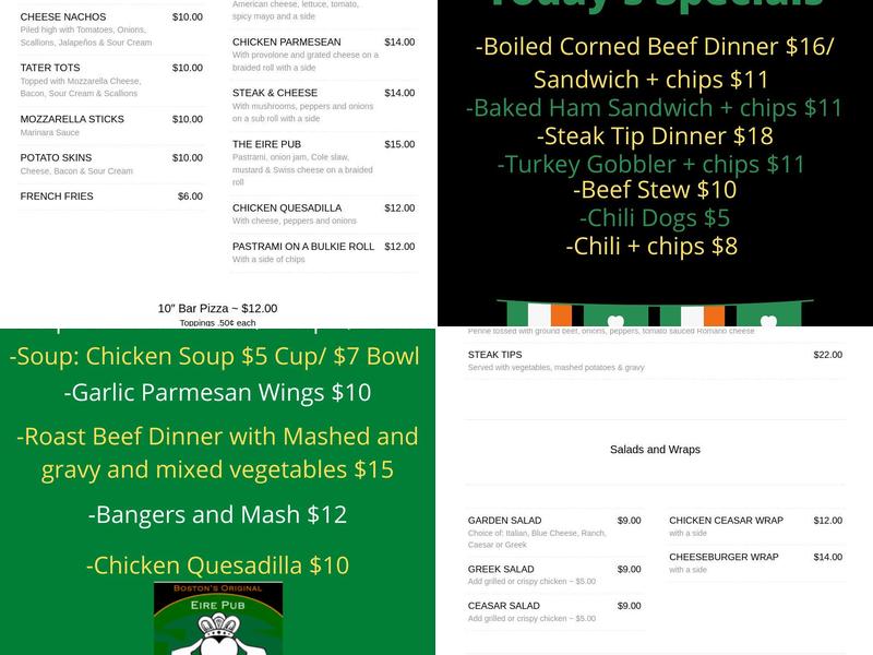 Eire Pub Menu