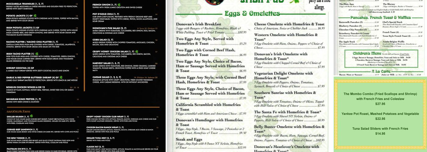 Donovan's Irish Pub Menu