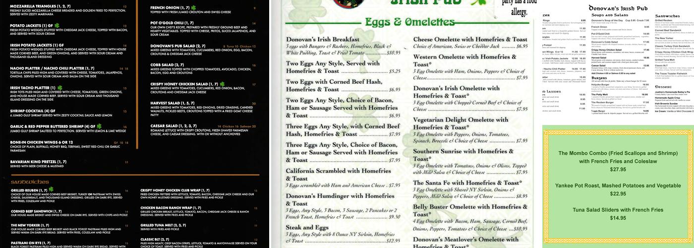 Donovan's Irish Pub Menu