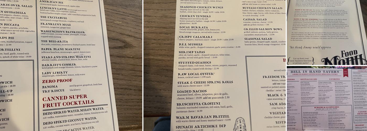 The Bell In Hand Tavern Menu