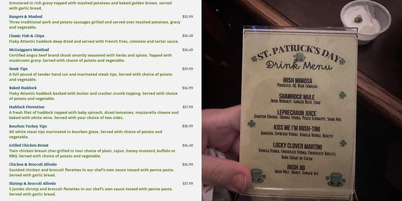 McGuiggan's Pub Menu