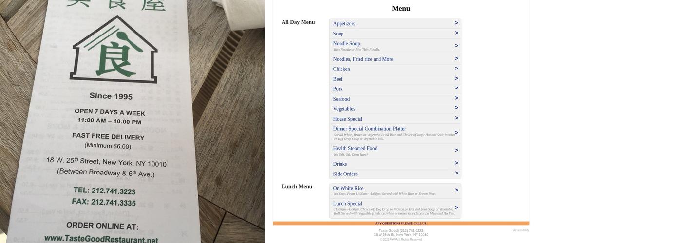 Taste Good Chinese Restaurant Menu