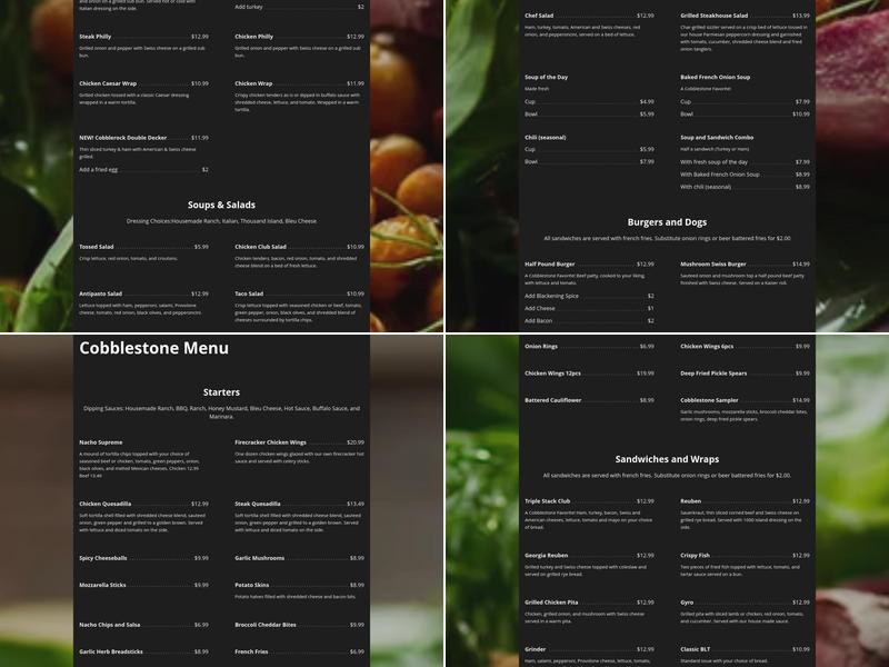 Cobblestone Bar & Grille Menu