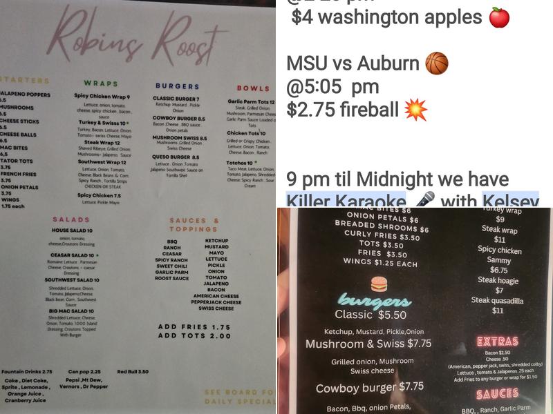 Robin's Roost Menu
