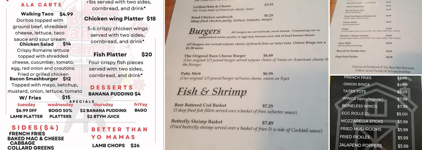 Barn Bar Menu
