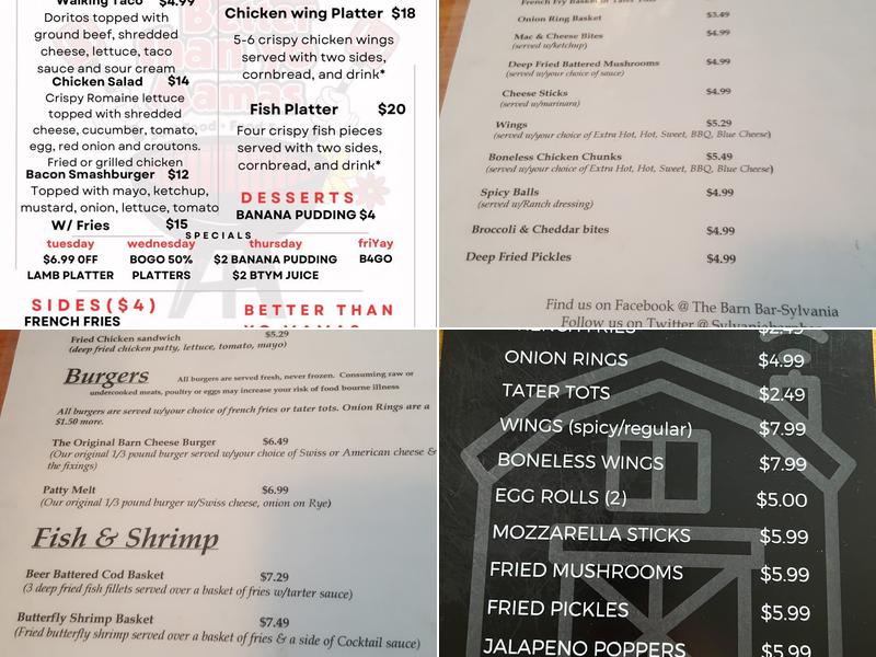 Barn Bar Menu