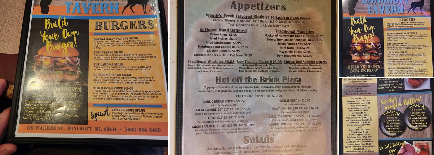 Woodys Bancroft TAVERN Menu