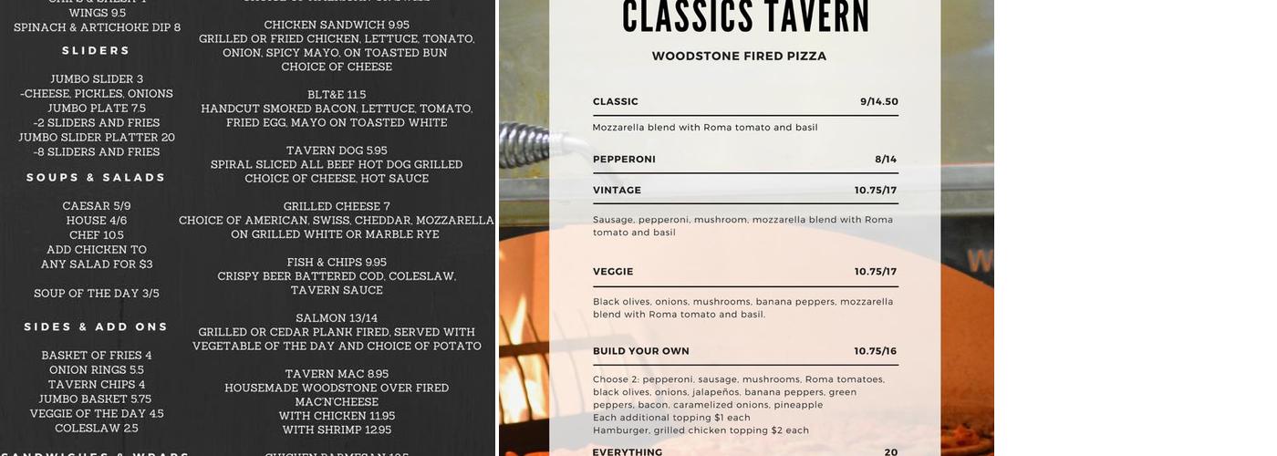 Classics Tavern Menu