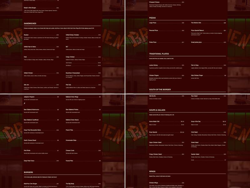 Brady's Bar Menu