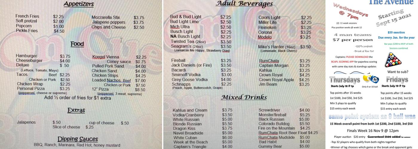 On Cue Billiards Menu