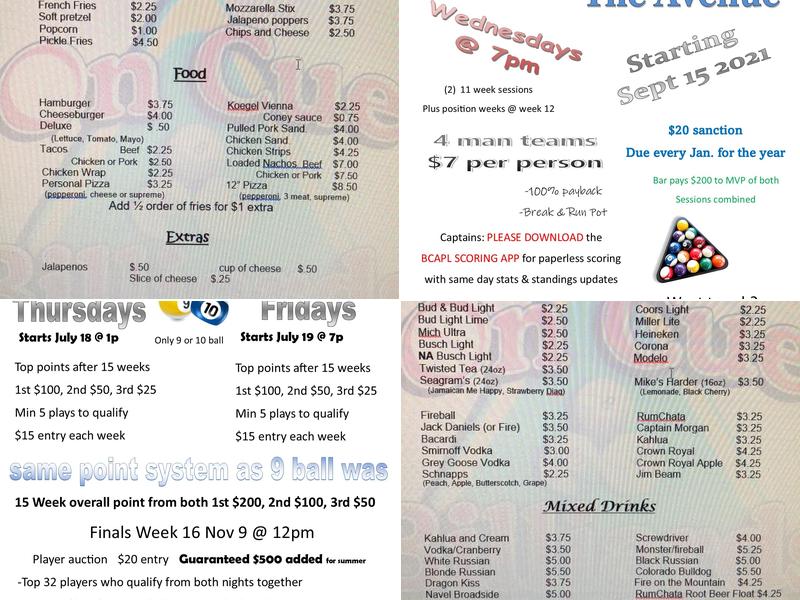 On Cue Billiards Menu