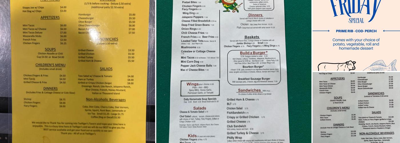 Twilligers Tavern Menu
