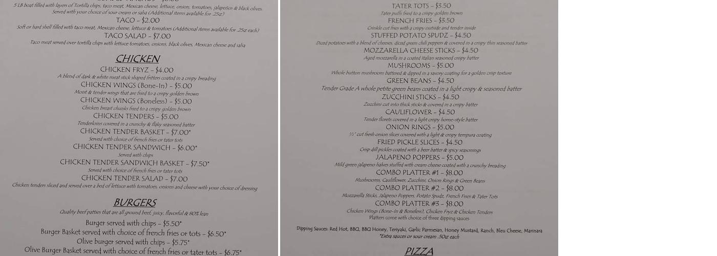 Sherwood's Cove Menu