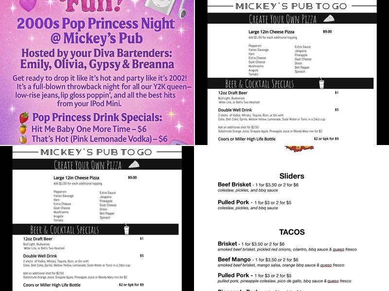 Mickey's Pub Menu