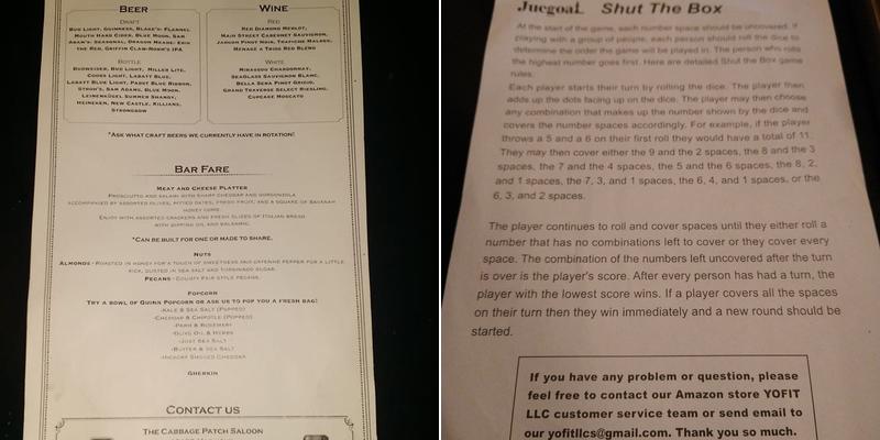 Cabbage Patch Saloon Menu