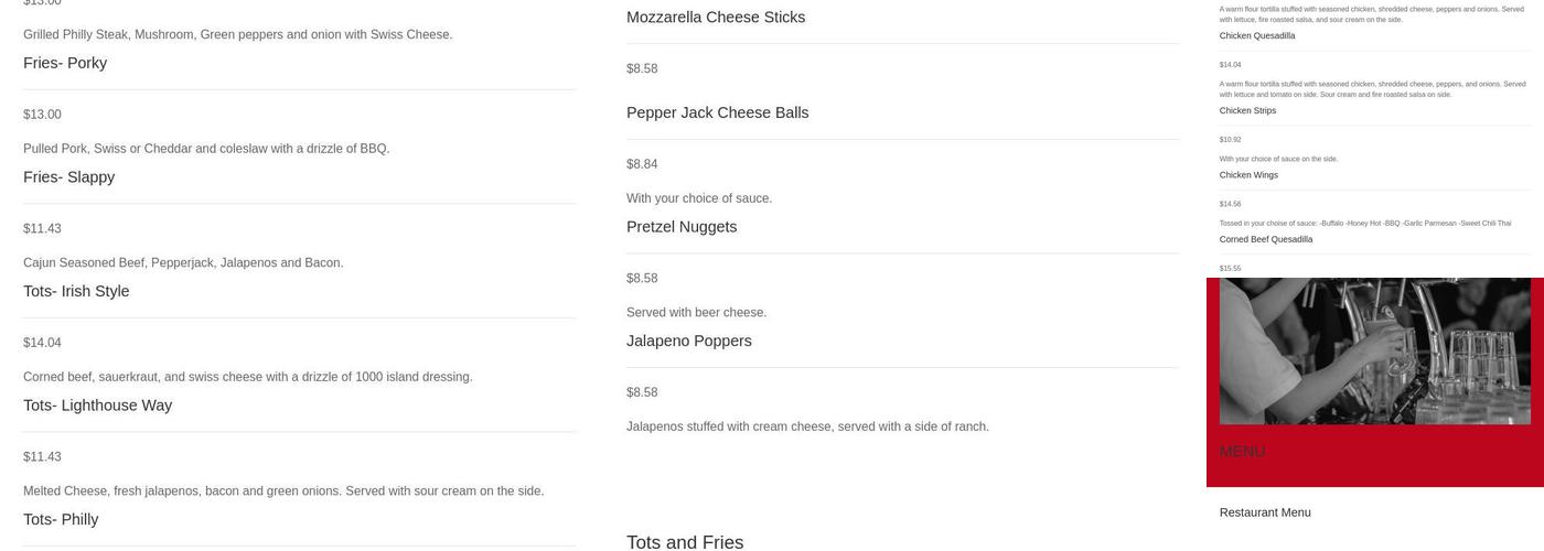 Zefs Lighthouse Tavern Menu