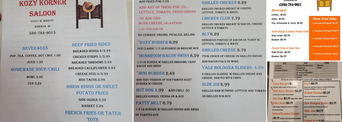 Kozy Korner Saloon Menu