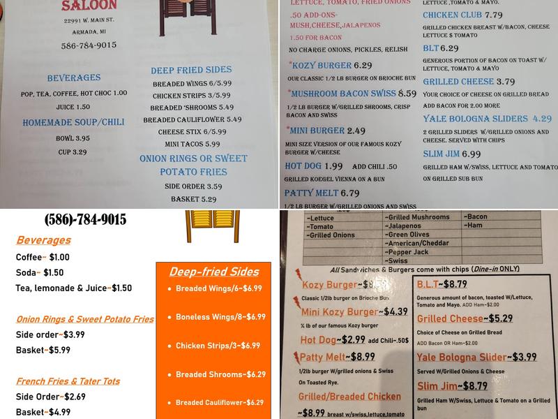 Kozy Korner Saloon Menu