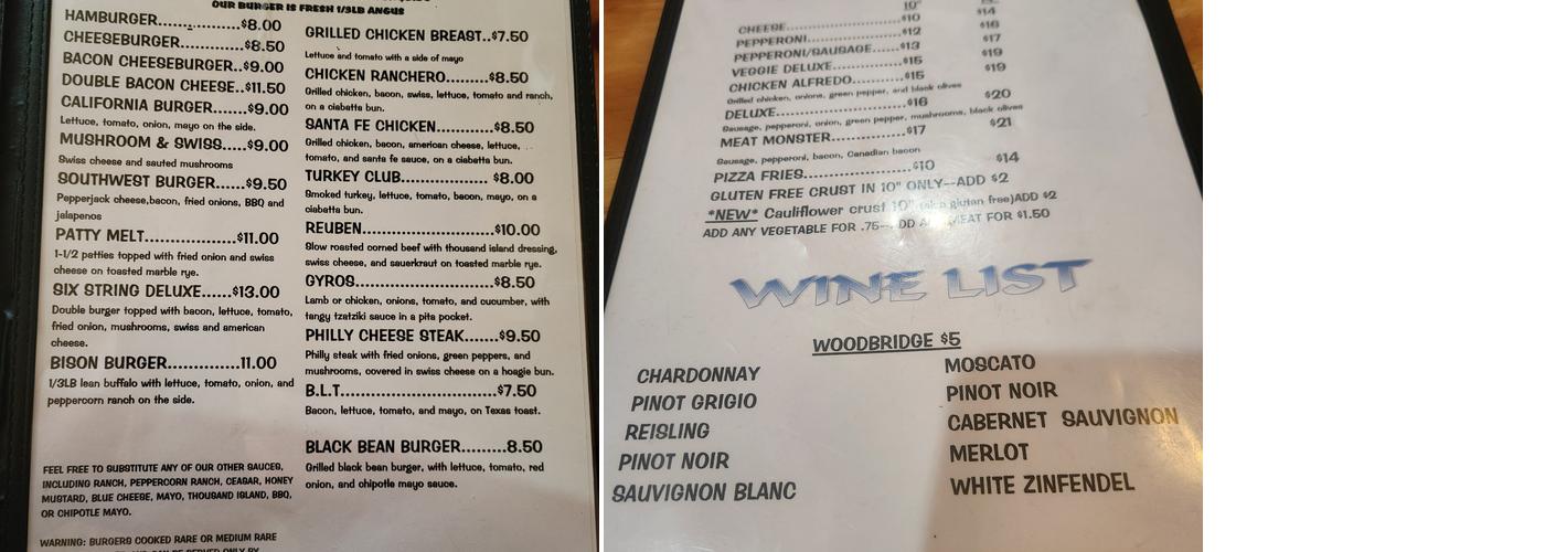 Six String Saloon Menu