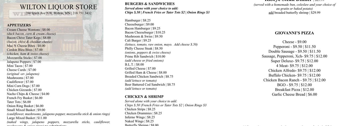 Wilton Liquor Store Menu