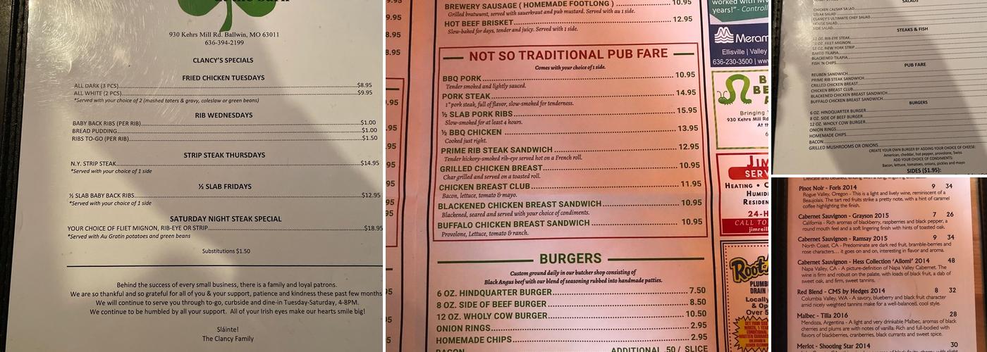 Clancy's Irish Pub & Butcher Menu