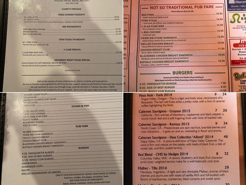 Clancy's Irish Pub & Butcher Menu