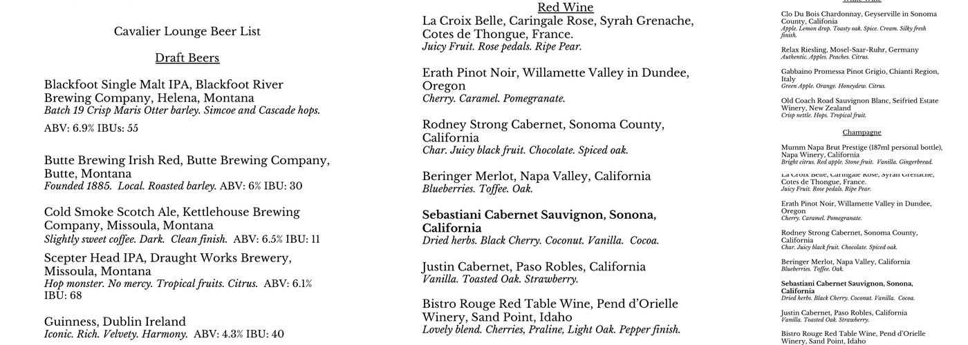Cavalier Lounge Menu