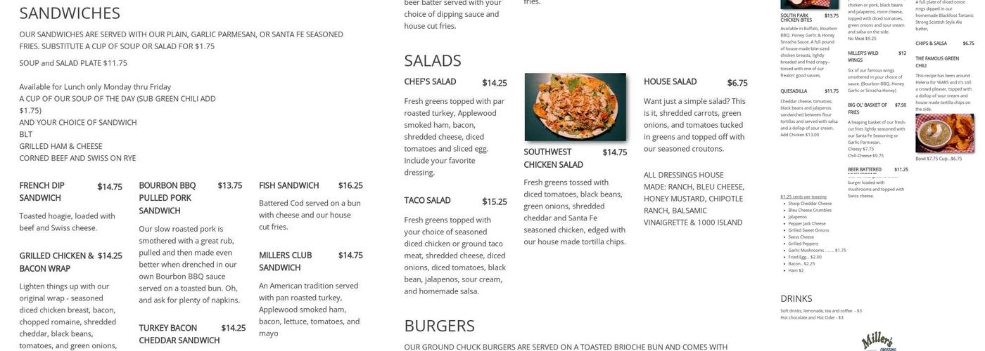 Miller's Crossing Menu