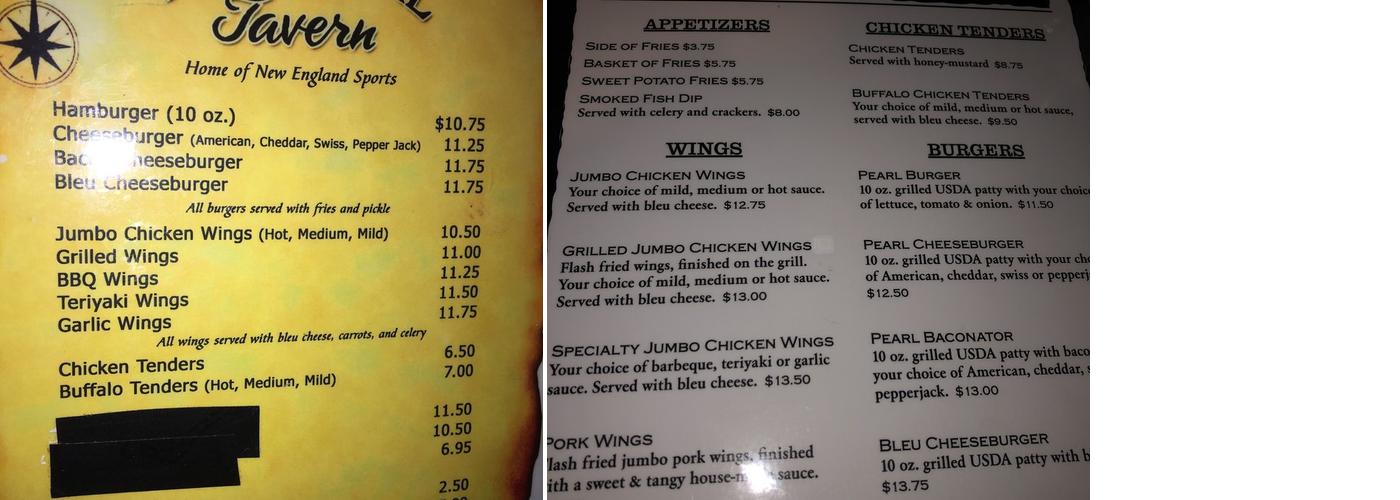 Black Pearl Tavern Menu