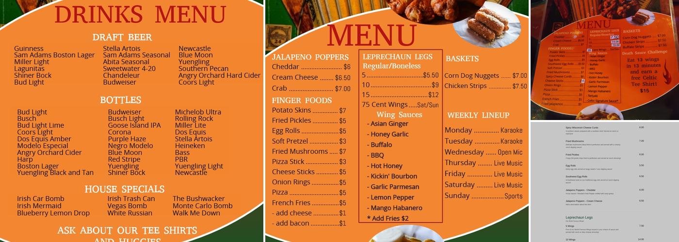 Celtic Irish Pub Menu