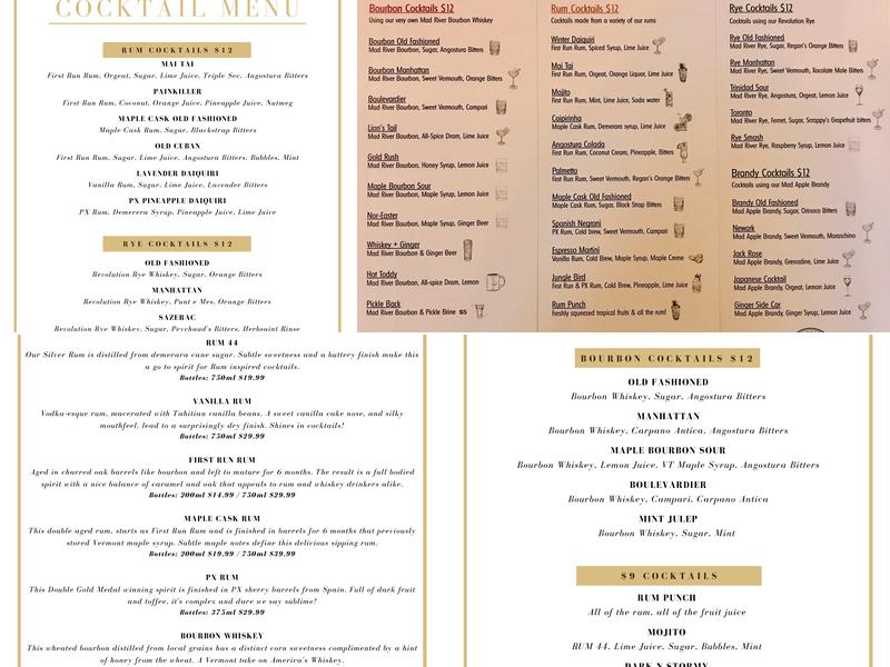 Mad River Distillers Burlington Menu