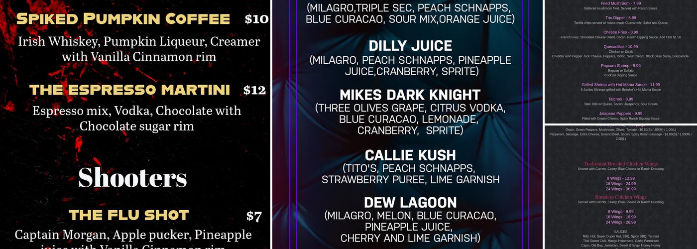 Breakers Sky Lounge Menu